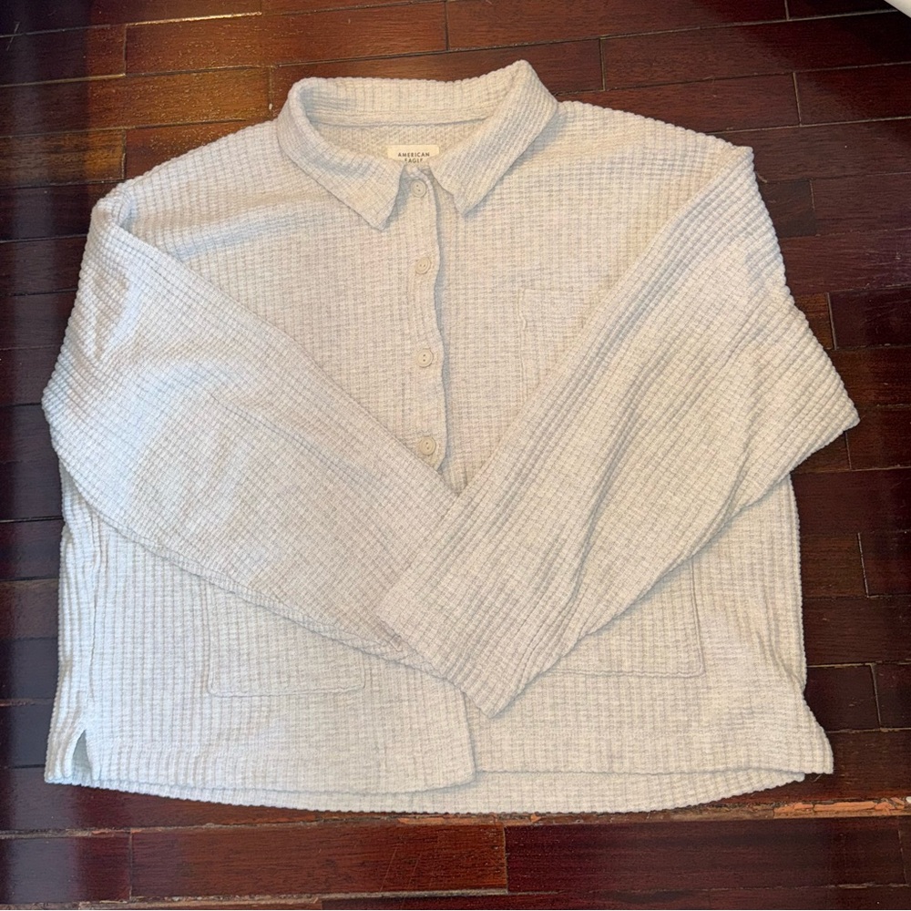 American Eagle Outfitters Light Gray Waffle Button Up Sweater